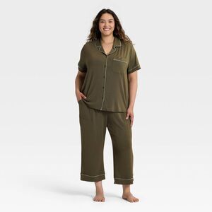 Auden - Women's Cloud Knit Short Sleeve Notch Collar Top a Olive Green